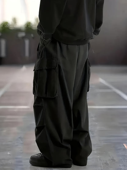 Men'S Plus Size Cargo Trousers - Casual Style for Spring And Autumn, Multi-Pocket Straight Leg Pants for All Seasons with Drawstring, Versatile Fashion, Wide Leg Design, Comfortable Casual Wear | Stylish Cargo Trousers | Comfortable Fit Pants