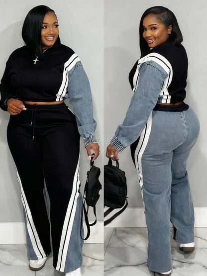 GlOURI Women's 2pcs Tracksuit - Color Block Design & Contrast Side Stripe & Wide-Leg Pants Detail | Casual Trendy Fit for Urban Daily Wear (Slim-Cropped Silhouette & Bold Contrast Stripe Design) for Effortlessly Stylish Looks