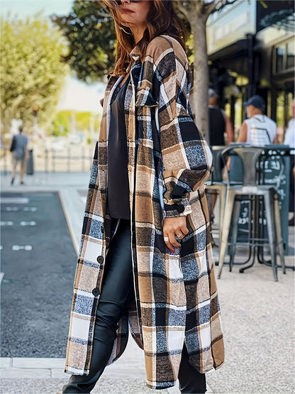 Autumn And Winter Long Trench Coat with Side Slits, Notch Collar, Casual And Comfortable, Tailored Fit, Women's Plaid Coat.