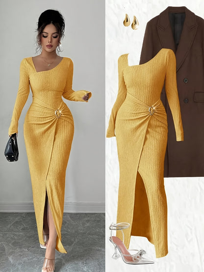 Women'S Solid Color Twisted Split Maxi Dress Asymmetrical Neck Slim Bodycon Fall Winter Elegant Fashion Dress