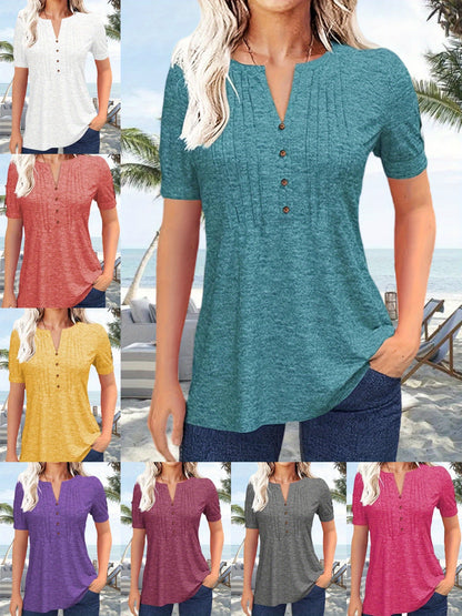 Women's Hot-selling Summer Casual V-Neck Pleated Blouse Short Sleeve Button-Up Solid Color Top