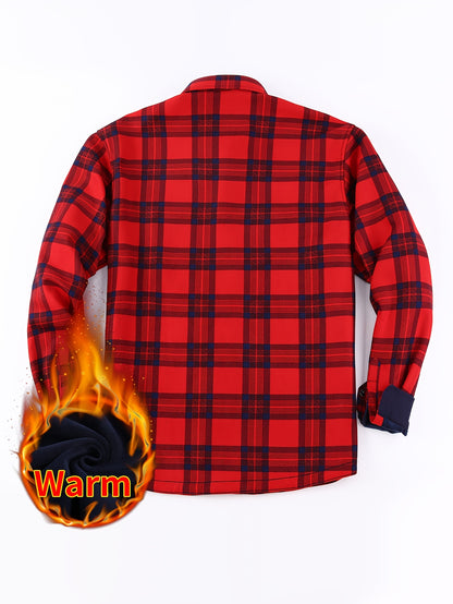 Men's Winter Flannel Plaid Shirt - Thick Warm Fleece-Lined Long Sleeve with Dual Chest Pockets, Casual Button-Up Collar for Cold Weather, Wrinkle-Resistant Soft Plaid Pattern in Navy/Red, Winter Clothes for Men, Mens Winter Clothes
