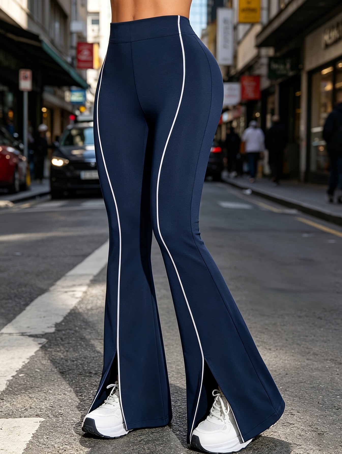 Women'S Stretchy Flared Pants, High Waist Tummy Control Split Hem Bell Bottom Leggings with Reflective Line, Casual Streetwear Trousers