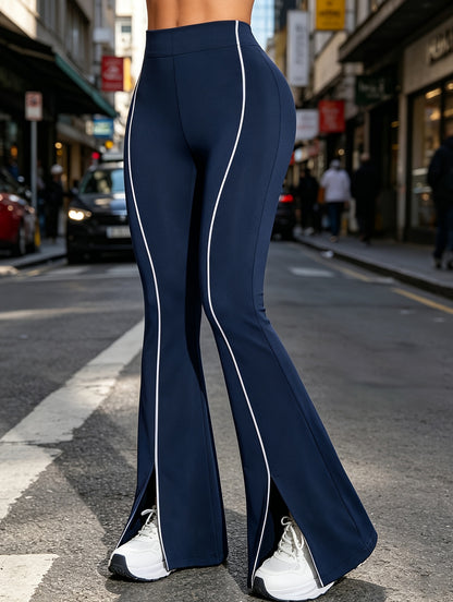 Women'S Stretchy Flared Pants, High Waist Tummy Control Split Hem Bell Bottom Leggings with Reflective Line, Casual Streetwear Trousers