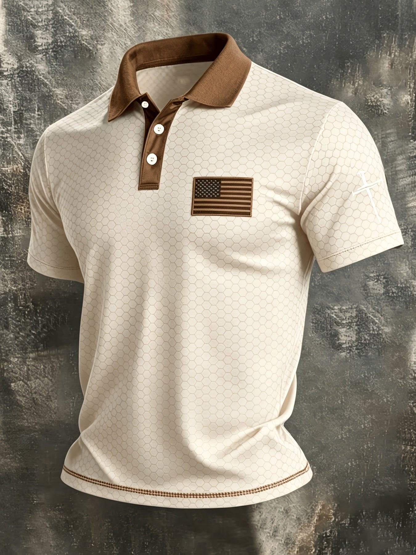 American Flag Gradient Cross Print Polo Shirt for Men's Casual Lapel Short Sleeved Patriotic Themed Commuting Top, American Flag Armband Contrasting Striped Short Sleeved Casual Business Lapel Top