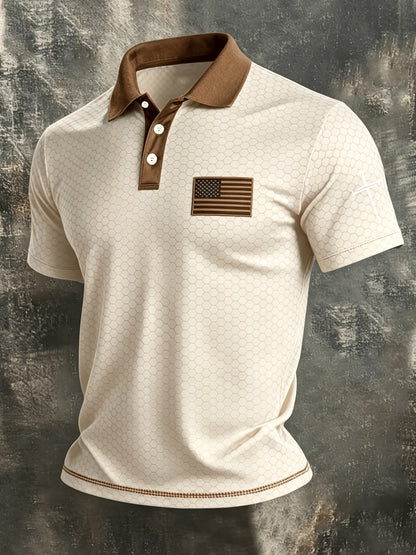 American Flag Gradient Cross Print Polo Shirt for Men's Casual Lapel Short Sleeved Patriotic Themed Commuting Top, American Flag Armband Contrasting Striped Short Sleeved Casual Business Lapel Top
