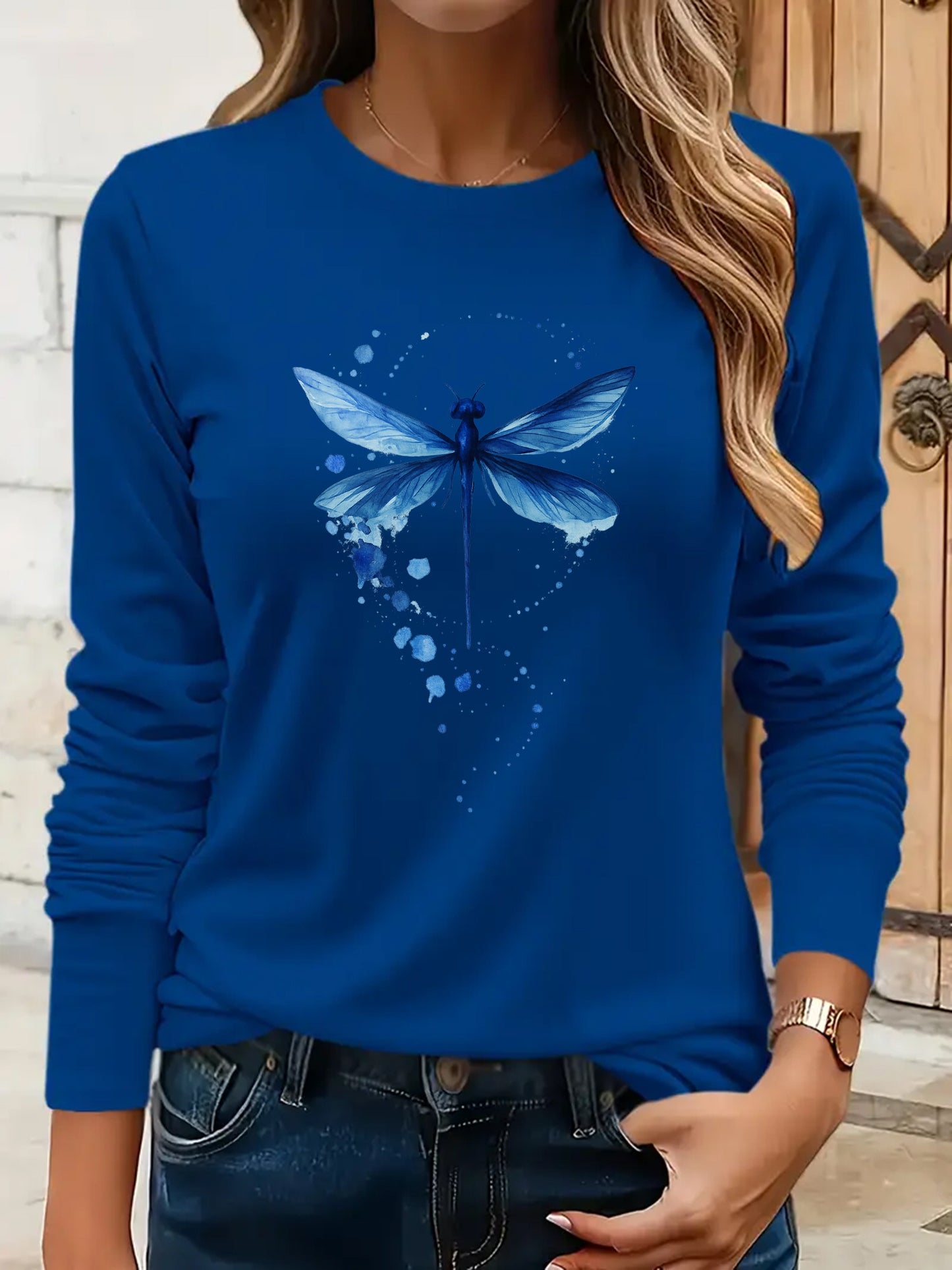 Vibrant Dragonfly Print Crew Neck Top, Soft, Breathable, Long Sleeve Top for Spring & Summer - Ladies' Casual Attire, Perfect for Outdoor