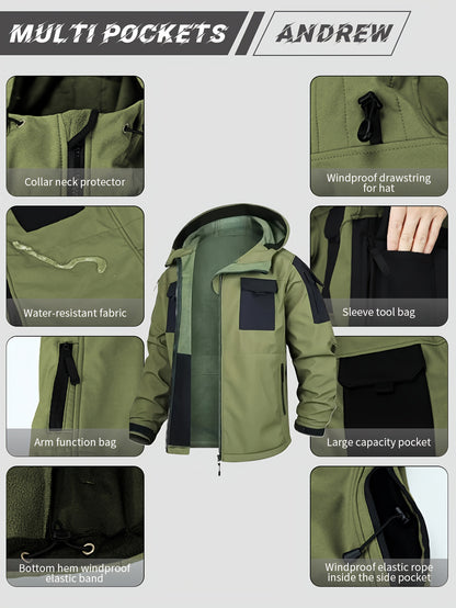 Men's Fleece-Lined Softshell Tactical Winter Jacket with Zip-Up Hooded Coat, Multiple Pockets & Lining - Outdoor Skiing, Hiking, Camping Workwear - Machine Washable Warm Fall/Winter Gear for Cold Weather Activities (Polyester)