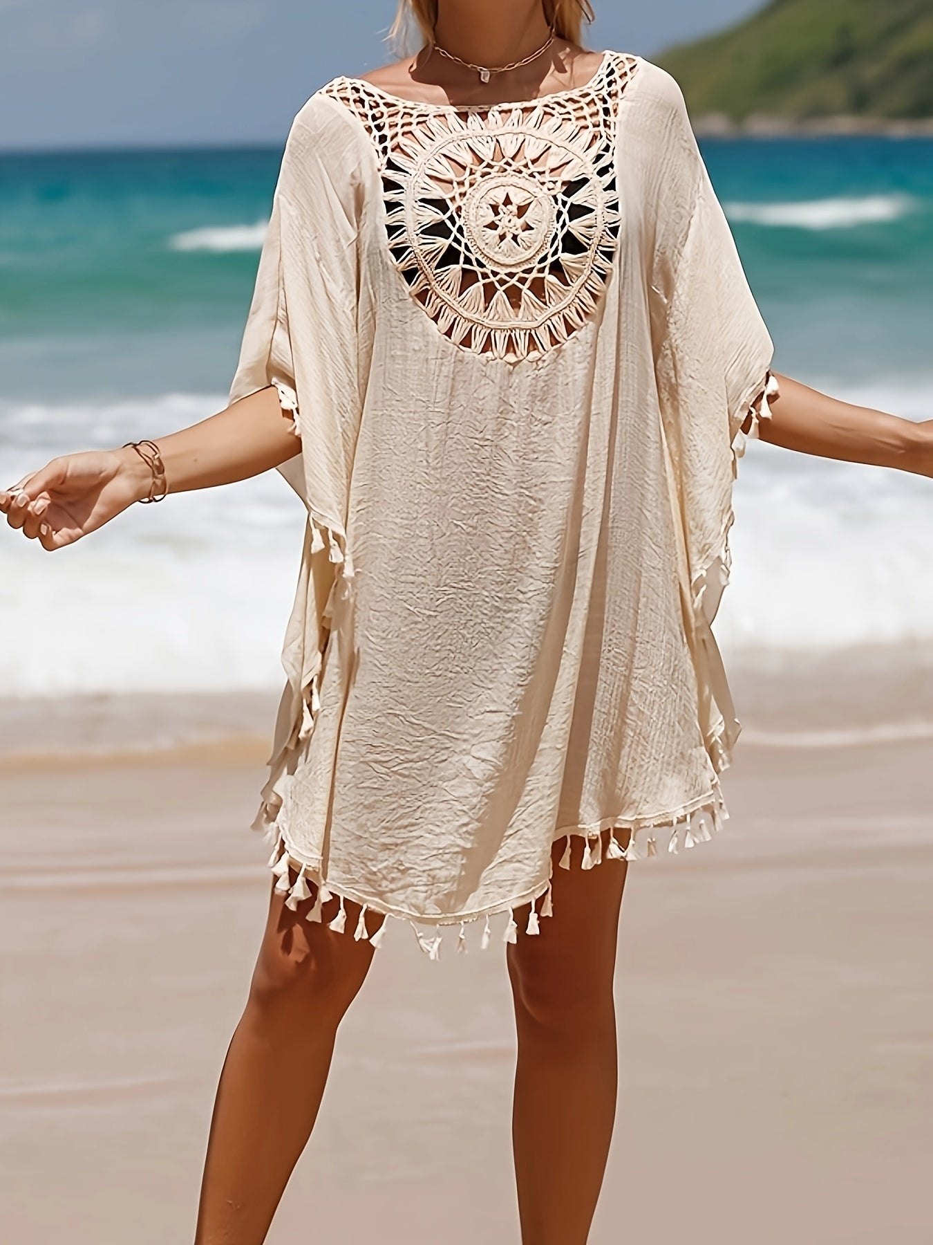 Lace Crochet V-Neck Dress Designed As a Cover-Up for Women'S Swimwear, Perfect for The Beach