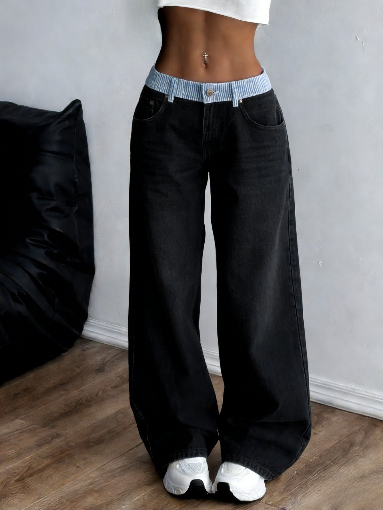 2026 Spring And Summer Fragrance New Contrasting Color Letter Webbing Decoration Straight Splicing Casual Pants Temperament Straight Jeans Commuter Trousers High Waist Jeans