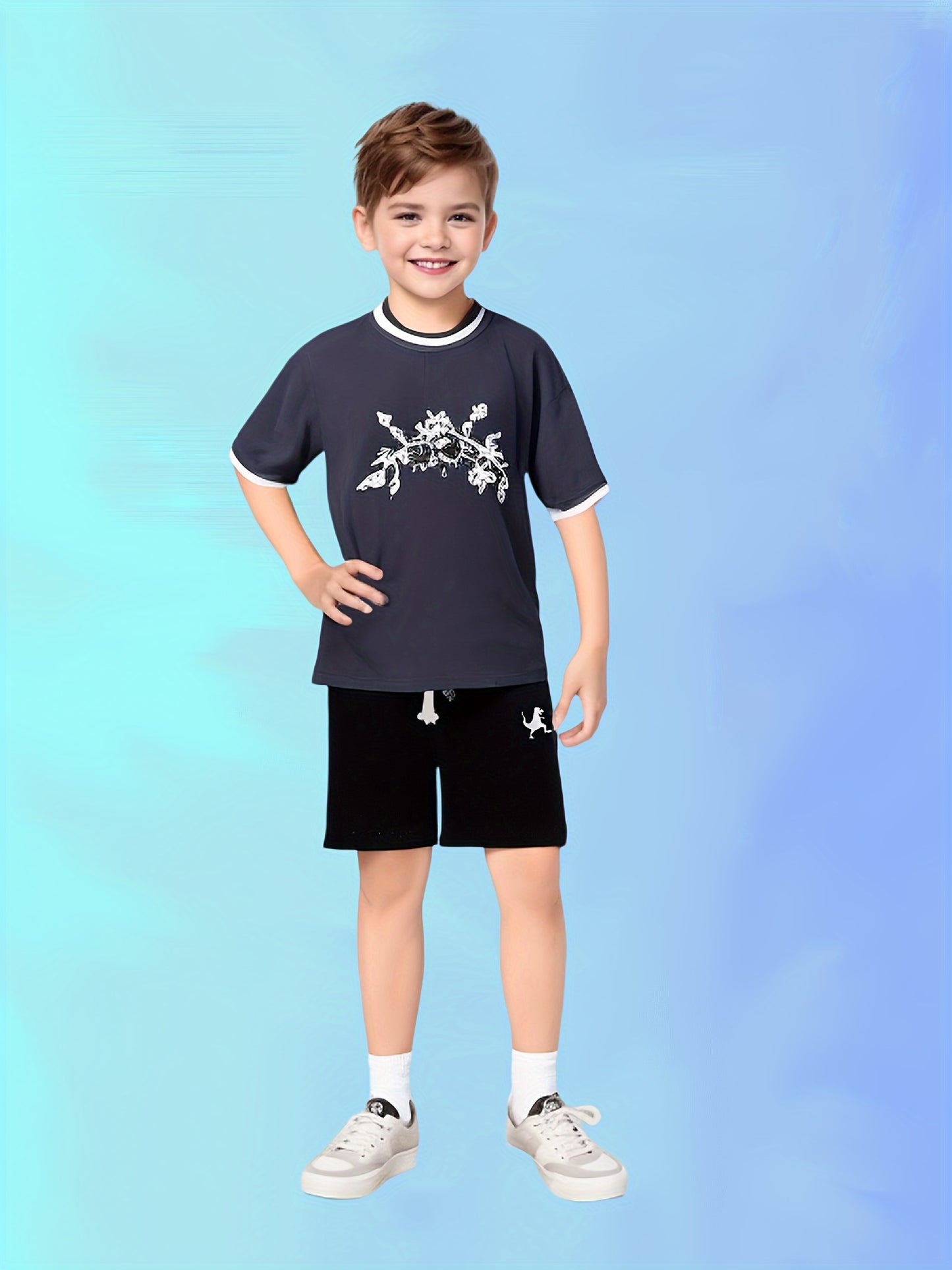Set of Three Athletic Shorts for Young Boys Featuring Pockets - Easy Pull-On Style with Active Dinosaur Embroidery, Comfortable And Breathable Summer Shorts for Children, for Outdoor