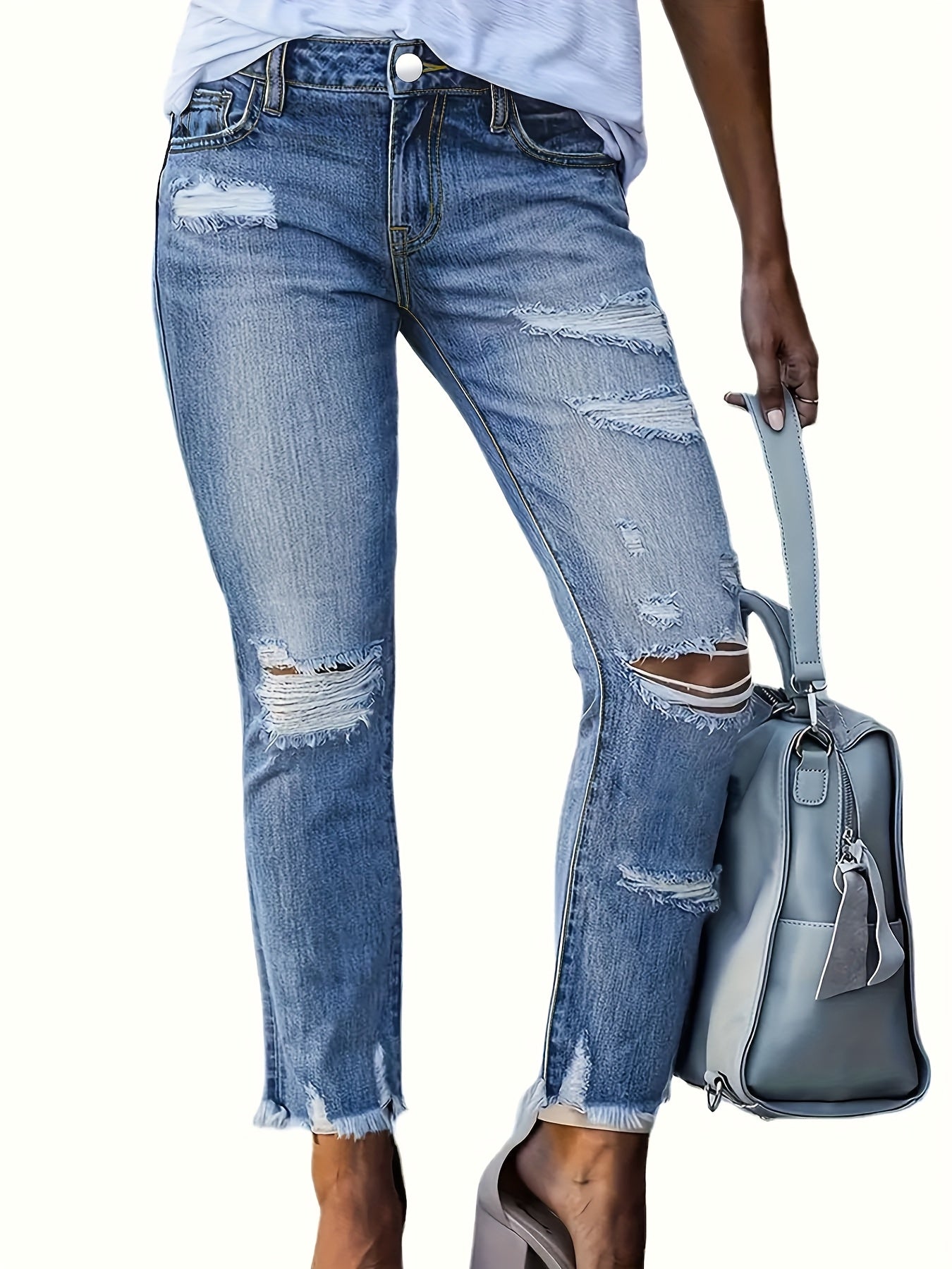 Plus Size Women's Blue Distressed Washed Denim Jeans | Multiple Rips & Destroyed Hem | Slim Fit, Unique Design | Versatile Stylish Style for All-Season Commuting