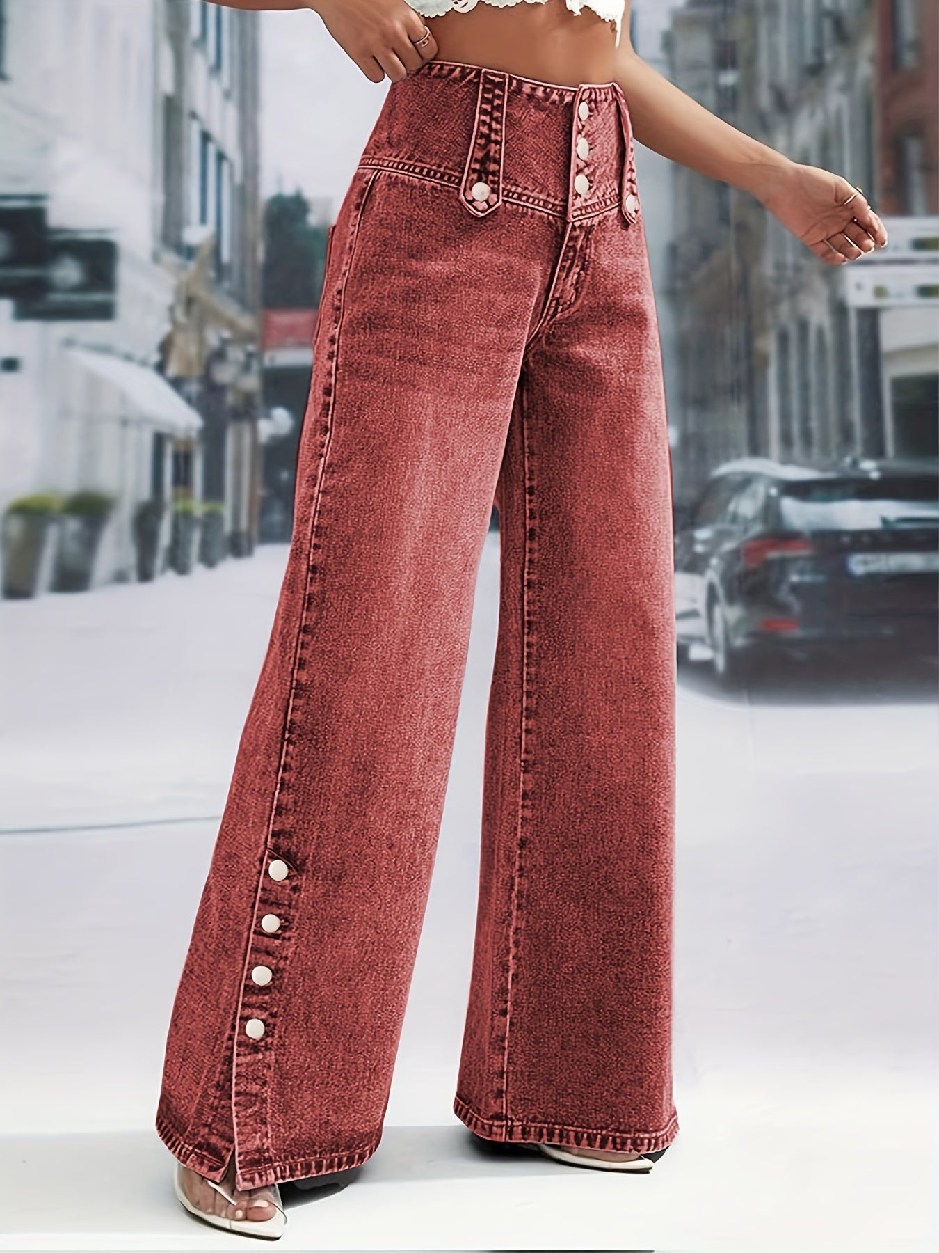 Women's Daily Casual Fashion Button Waistband Loose Jeans, with Open Button Cuff Design, Suitable for Home, Outdoor Street Shopping, Holiday Travel, Airport, And Versatile for All Seasons, Machine Washable.