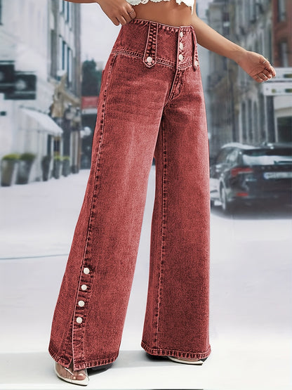 Women's Daily Casual Fashion Button Waistband Loose Jeans, with Open Button Cuff Design, Suitable for Home, Outdoor Street Shopping, Holiday Travel, Airport, And Versatile for All Seasons, Machine Washable.
