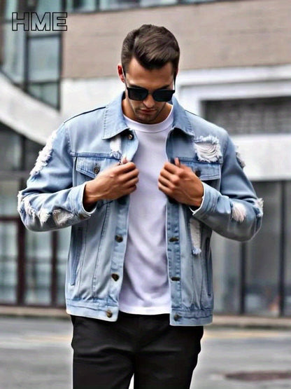 HME Men'S Street Fashion Large Distressed Denim Jacket - Light Blue Vintage Distressed Lapel Coat