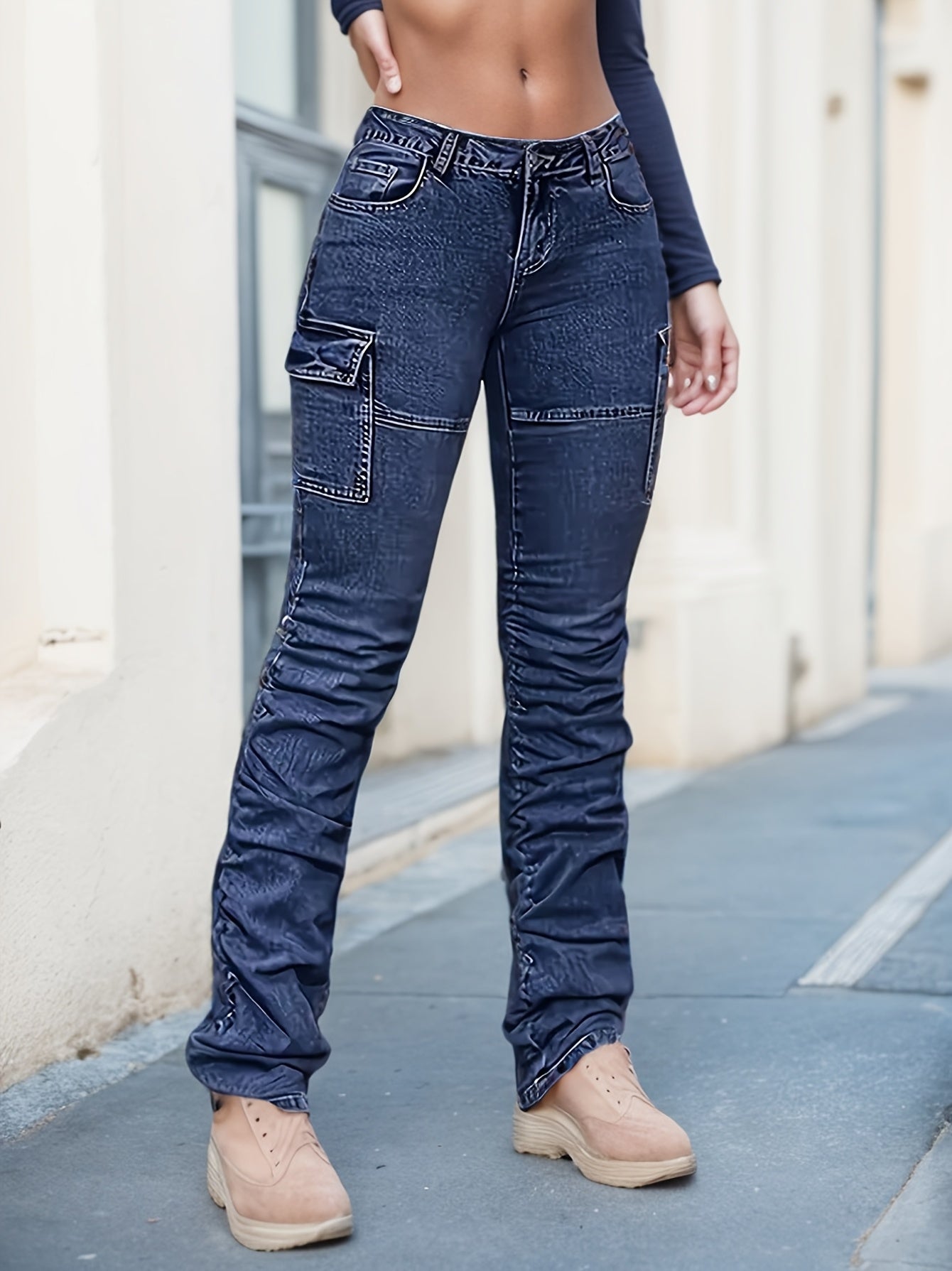 Textured Blue Comfortable and Relaxed Deep Blue Women's Jeans with Large Pockets, Wear-Resistant Topstitch Design, and Calf Pleats