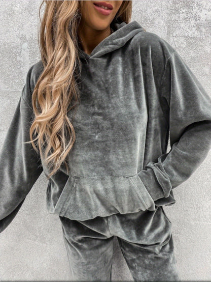 Lady Velvet 2pcs Set (Solid-color Long-sleeved Hooded Sweatshirt And Sweatpants Set) Soft Velvet Y Set for Casual Wear, Dress-up Set, Y Set
