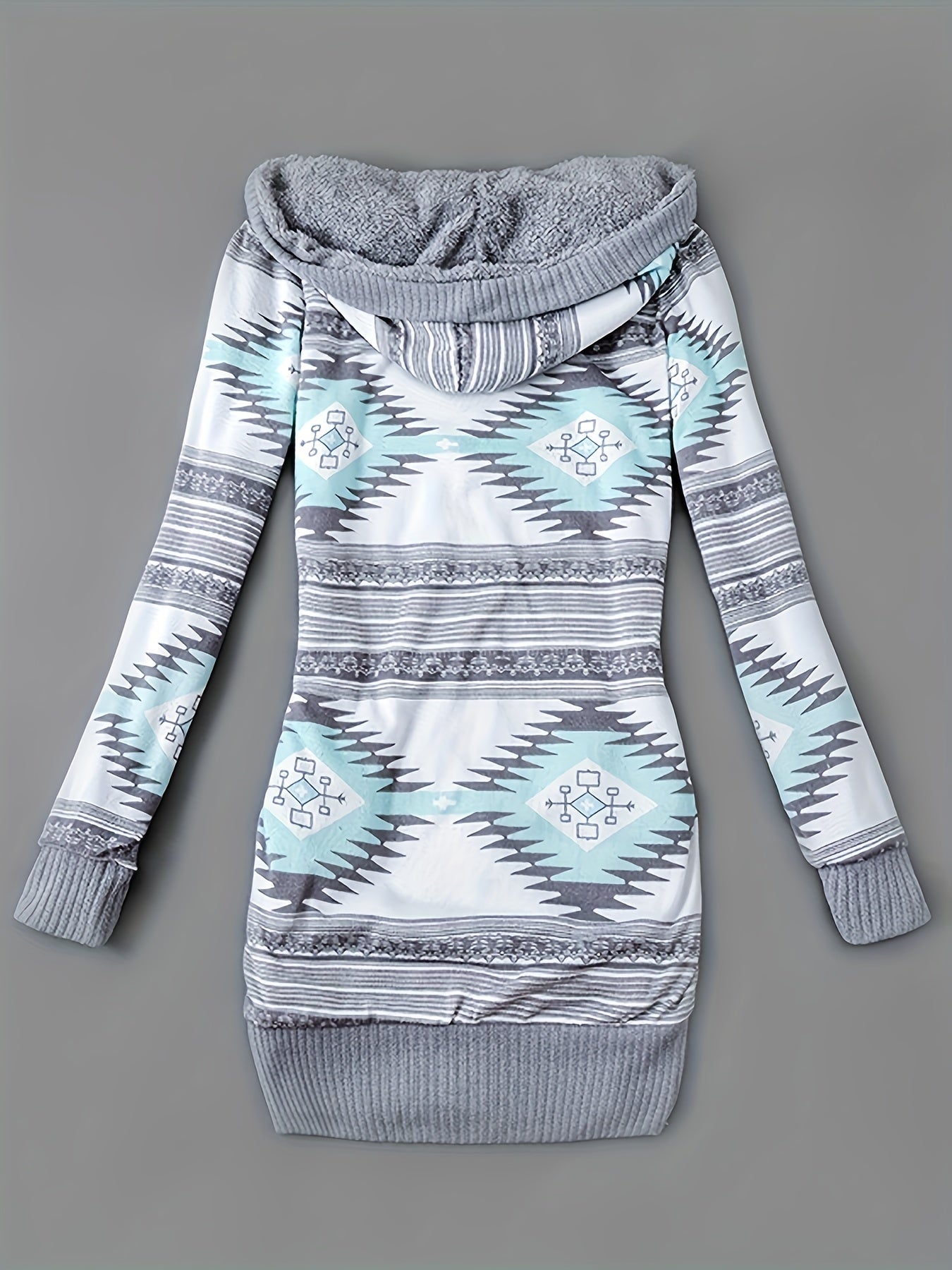 Women'S Fall Winter Casual Hooded Jacket, Warm Fleece Lined Long Sleeve Coat with Geometric Pattern And Colorblock Design