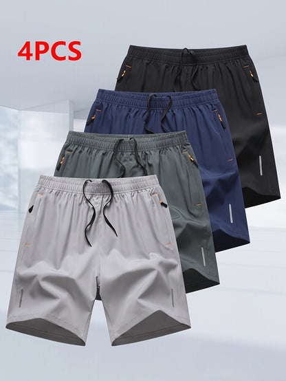 4pcs Men's Summer Athletic Shorts - Quick-Dry Lightweight Breathable Fabric, Reinforced Zipper Pockets, Drawstring Waist - Comfortable Loose-Fit for Running, Gym, Cycling, Basketball, Tennis, Outdoor Sports & Beach Party