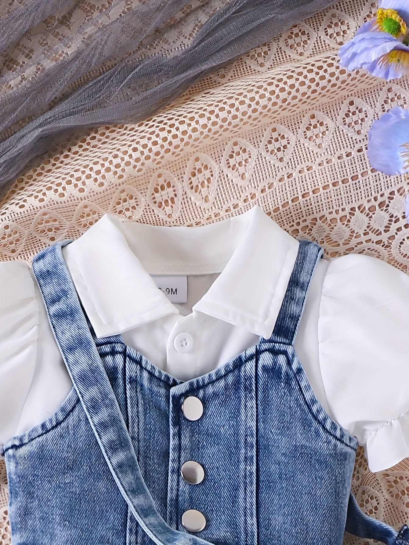 Three-Piece Baby Girl Set: Denim Short Vest Jacket + Plain Notched Neck Bubble Short-Sleeve Belted Dress + Bow-Decorated Denim Crossbody Bag, for Outdoor