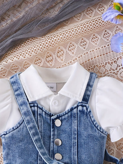 Three-Piece Baby Girl Set: Denim Short Vest Jacket + Plain Notched Neck Bubble Short-Sleeve Belted Dress + Bow-Decorated Denim Crossbody Bag, for Outdoor