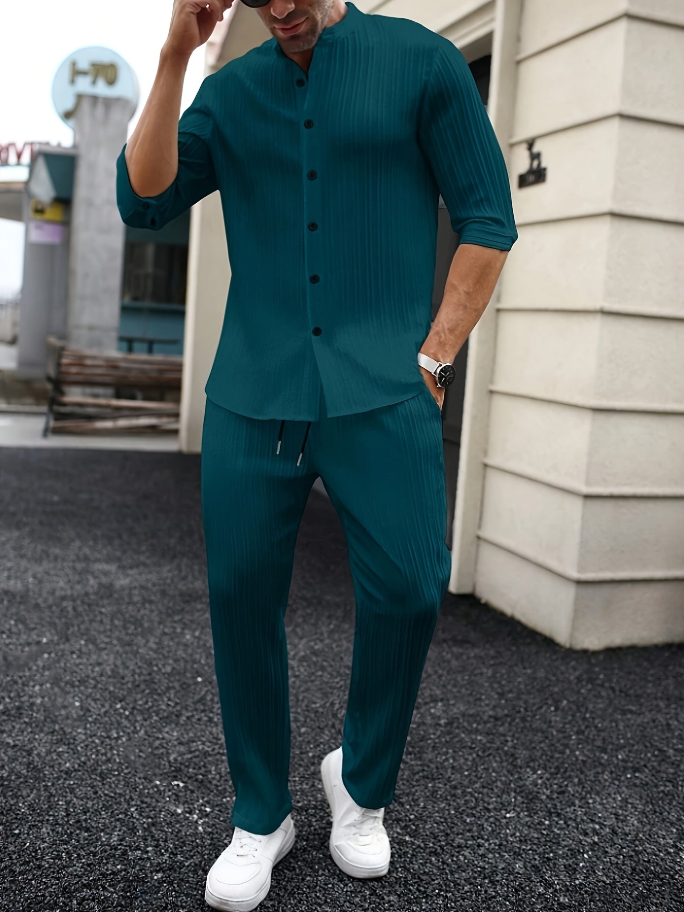Men's Solid Color Spring/Summer Casual Pure Color Monk-Tie Short Sleeve Shirts And Pants Set