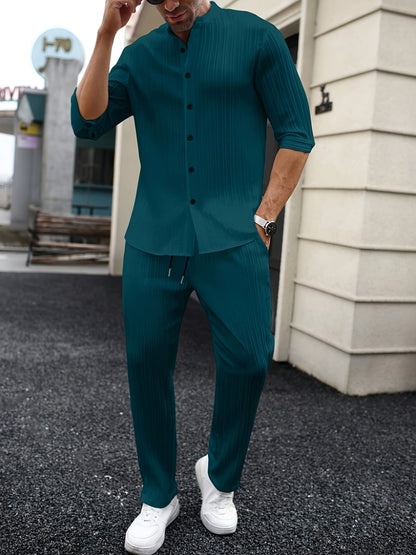 Men's Solid Color Spring/Summer Casual Pure Color Monk-Tie Short Sleeve Shirts And Pants Set