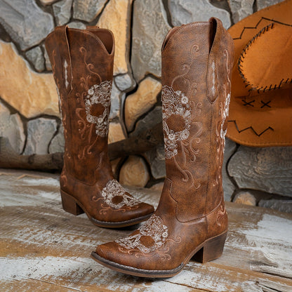 Women'S Retro Embroidered Skull Western Cowboy Boots - Slip-On Chunky Mid-Heel Square Toe, Faux Cover & TPR Outsole, All-Season Comfort for Halloween, Casual & Themed Events, Cowboy Accessories, Themed Event Footwear, Durable Footwear Construction