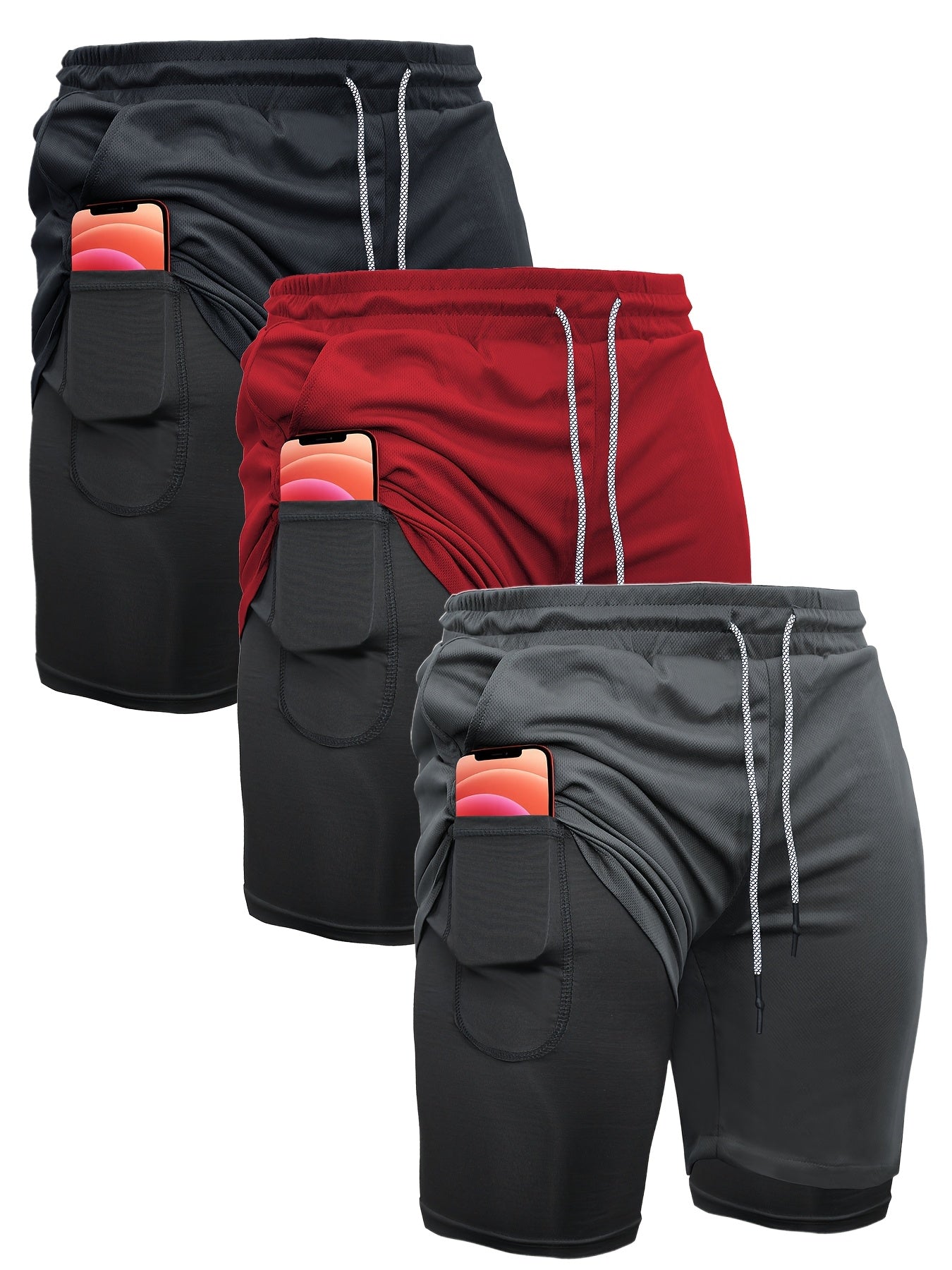 3pcs Men's 2-in-1 Double-layer Shorts with Inner Pocket, High Stretch Sports Shorts, Suitable for Summer Running, Gym Exercise And Training