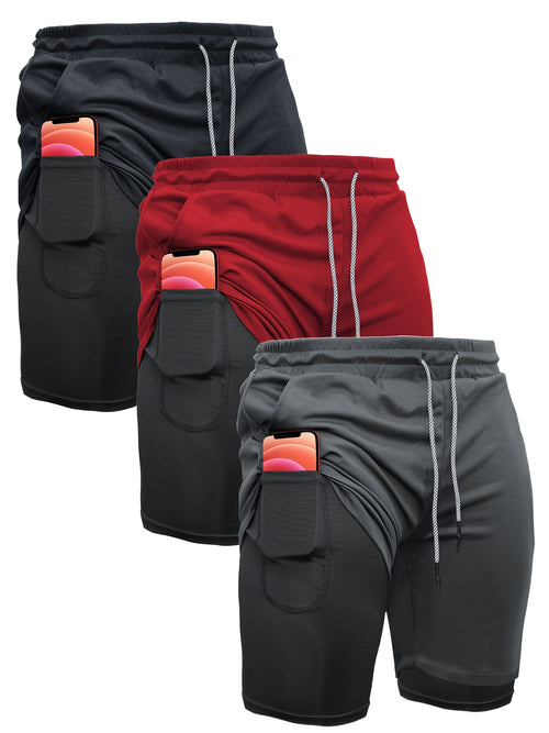 3pcs Men's 2-in-1 Double-layer Shorts with Inner Pocket, High Stretch Sports Shorts, Suitable for Summer Running, Gym Exercise And Training
