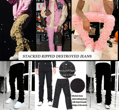 Men's Slim Fit Jeans - Classic Wash Distressed Streetwear 555173