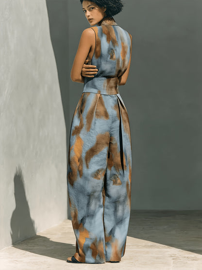 Blue & Brown Tie-Dye Print High Neck Sleeveless Top + Matching Wide-Leg Pants Women's Set | Artistic Edgy Charm, Perfect for Daily Street Style & Casual Gatherings