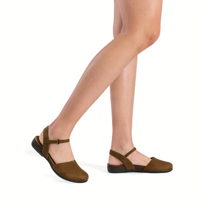 Women' Adjustable Strap Flat Sandals - Low Heel Closed-Toe Round Toe Shoes Suitable for Work, Daily Wear & Casual - Soft Cushioned Insole & Tape Strap - Ideal Gift for Mom, Daughter, Women Shoes