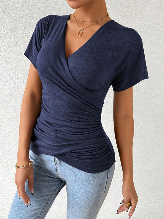 [V-Neck Ruched Solid Color T-Shirt] Solid Color Cross V-Neck Ruched T-Shirt, Casual Short Sleeve Slim T-Shirt for Spring & Summer, Women'S Clothing