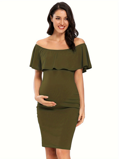 Women's Maternity Dress Off Shoulder Ruffle Sleeveless Bodycon Dress for Baby Shower