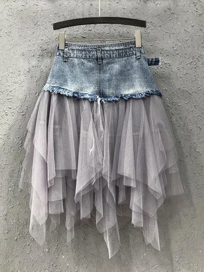 A Midi Skirt for Spring, Summer, And Autumn, Combining Denim And Tulle with a Trendy Raw-Edge Hem