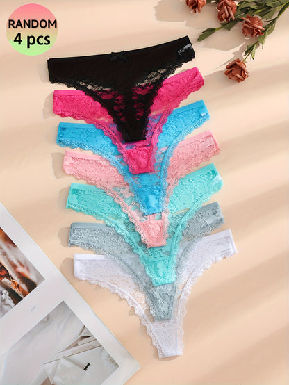 4pcs Of Mixed Color Lace Sexy Women's Underwear, Soft And Breathable Bow-tie Minimalist Women's Thong, Sexy Lingerie Panties.