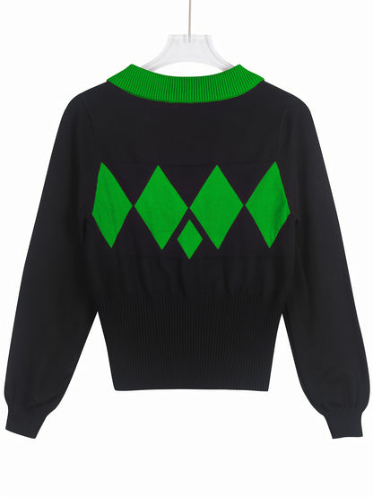 Women'S Elegant Sweater Lapel Diamond Plaid Knitwear Black And White Color Collision Long Sleeve Pullover Fashion Chic Lazy Wind Tops For Office, Party, Daily Wear - Fall And Winter Women'S Trend Tops