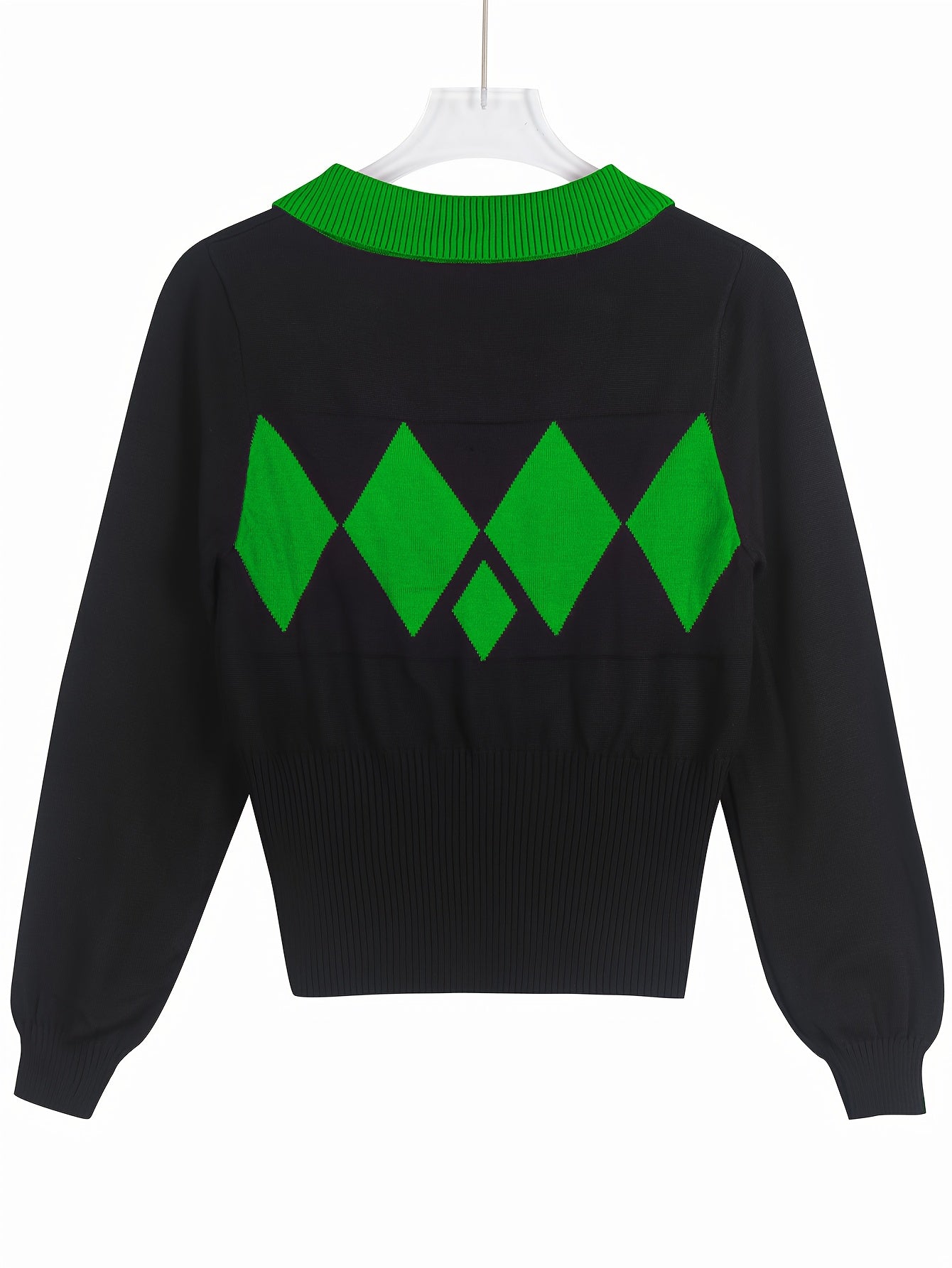 Women'S Elegant Sweater Lapel Diamond Plaid Knitwear Black And White Color Collision Long Sleeve Pullover Fashion Chic Lazy Wind Tops For Office, Party, Daily Wear - Fall And Winter Women'S Trend Tops
