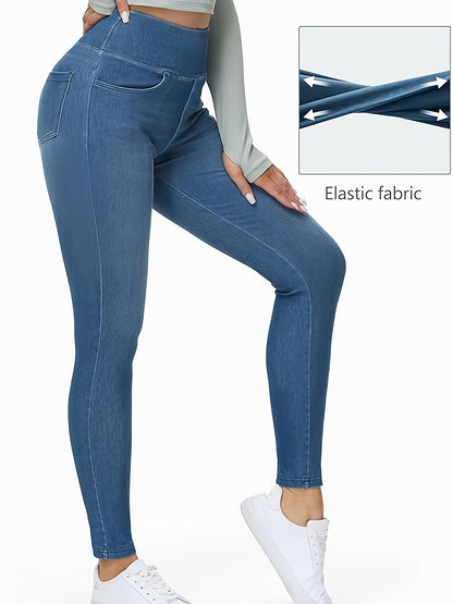 Women's Slim-fit Jeans with Four Pockets, High-waisted Stretchy Leggings, Fashionable Tummy- Denim Style