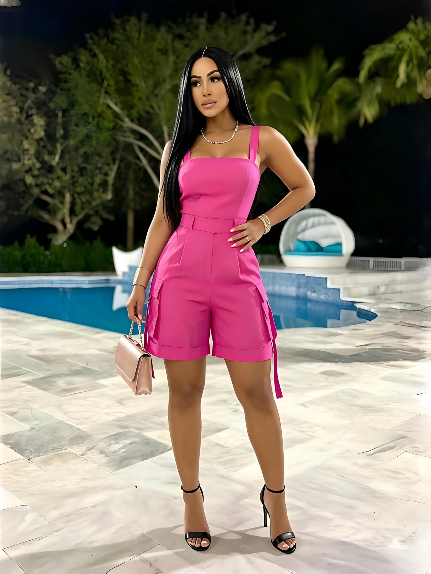 Women'S Sleeveless Square Neck Suspender Cargo Romper, High Waist Wide Leg Overall Shorts Jumpsuit With Pockets, Summer Casual Streetwear For Ladies