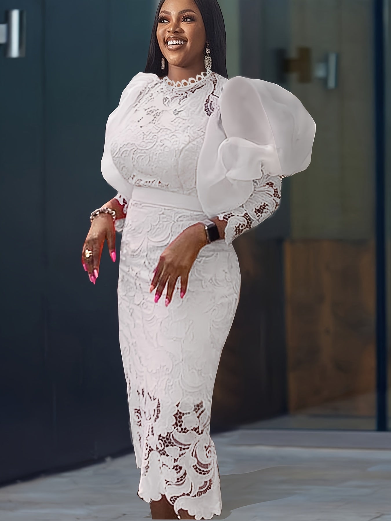 Plus Size, New Arrival Women's Lace-Trimmed Bubble Sleeve Party Dress with Round Neckline And Three-Quarter Length Sleeves
