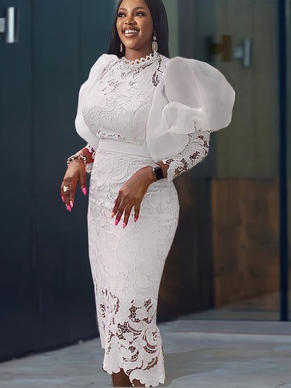 Plus Size, New Arrival Women's Lace-Trimmed Bubble Sleeve Party Dress with Round Neckline And Three-Quarter Length Sleeves