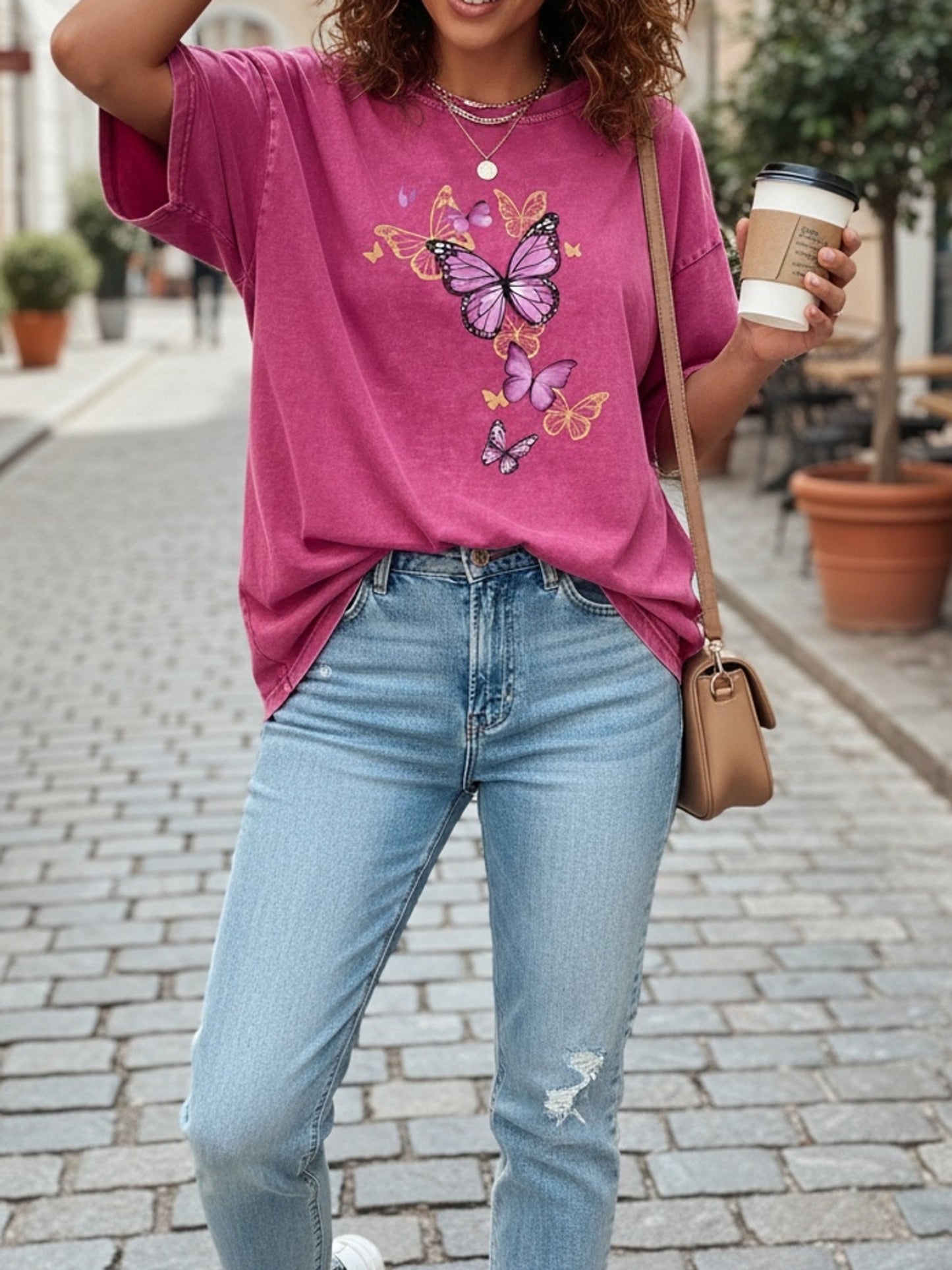 Women's Trendy Printed Retro Washed T-Shirt - 230g Thick, Retro Street Style Crew Neck Short Sleeve, Machine Washable, Perfect for Spring/Summer Casual Wear, Unique Loose Fit Women's T-Shirt