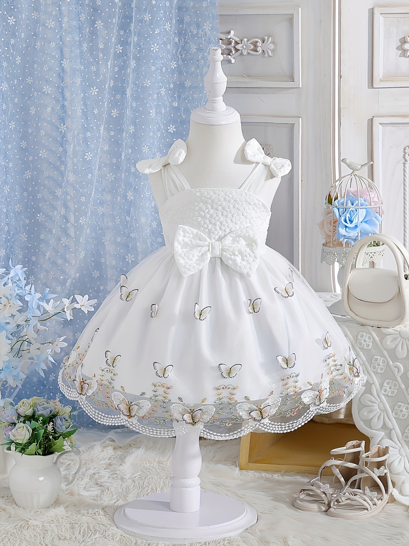 Baby Girl Clothing - School Season Gift - Baby Girl Summer Little Princess Butterfly Net- Elegant And Sweet Adorable Flower Girl Princess Dress, Suitable for Festivals And School Wear. Valentine'S Day Gift. Baby Girl Birthday Gift