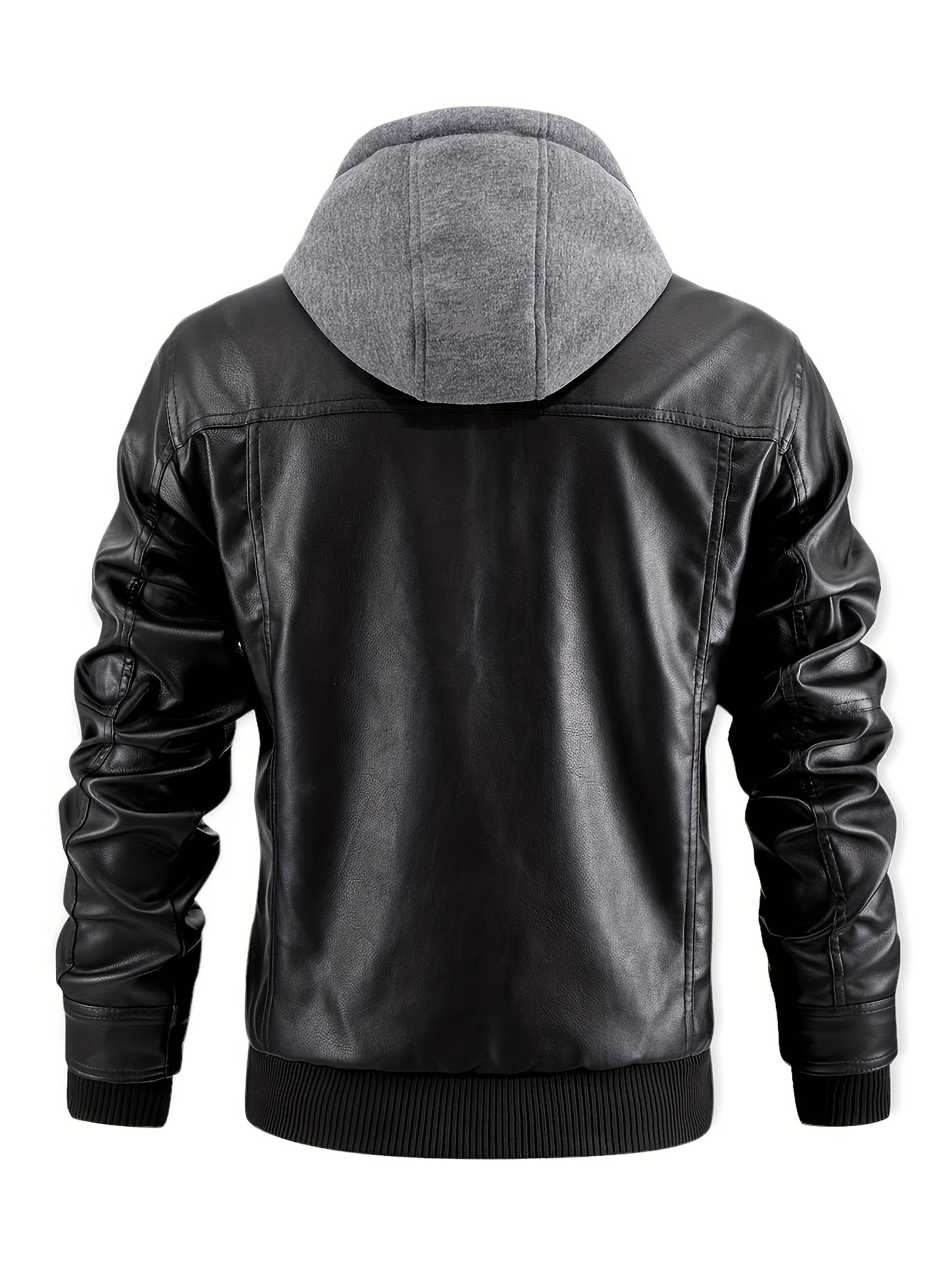 Men's Casual Stand Collar PU PU Leather Zip-Up Motorcycle Bomber Jacket with A Removable Hood ( Belt Included)