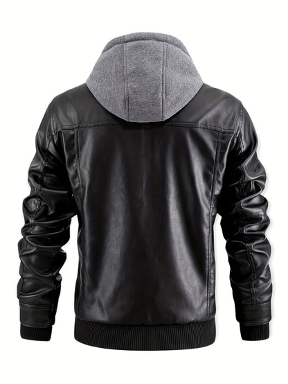 Men's Casual Stand Collar PU PU Leather Zip-Up Motorcycle Bomber Jacket with A Removable Hood ( Belt Included)