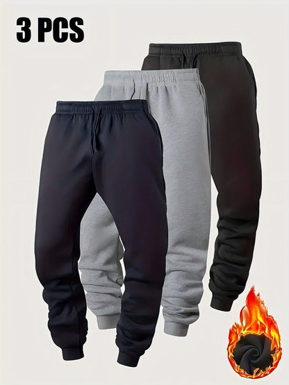 Men's 3pcs Thick Autumn And Winter Sports Pants, Warm And Casual Running Pants with Added, Adjustable Waistband And Drawstring, Double-sided Pockets. Suitable for Teenagers to Exercise, Run, Play Ball, Train, And Travel Outdoors,.