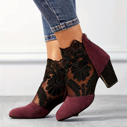 Elegant Black Lace Ankle Boots with Floral Patterns - Comfortable Chunky Heel, Back Zip Closure, Round Toe Design, Breathable Fabric Upper And TPR Sole for Stylish Women, Women Shoes