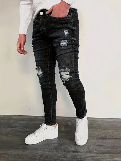 Men's Slim-Fit Distressed American Streetwear Jeans - Black High-Stretch Denim with White Frayed Hem & Ripped Knee Design, Machine Washable All-Season Casual Pants for Men, Jeans Special for Men, White Strech Jeans Regular Fit for Men, Stretch Jeans